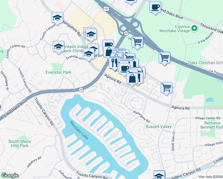 map of restaurants, bars, coffee shops, grocery stores, and more near 1122 Canterford Circle in Westlake Village