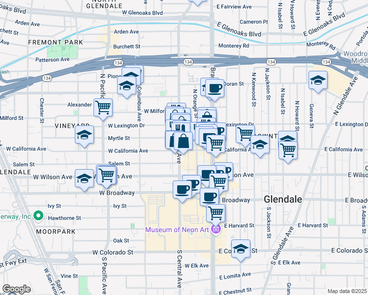 map of restaurants, bars, coffee shops, grocery stores, and more near 315 North Orange Street in Glendale