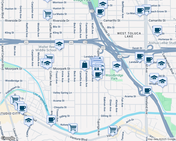 map of restaurants, bars, coffee shops, grocery stores, and more near 4394 Farmdale Avenue in Los Angeles