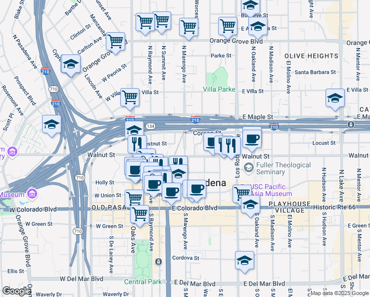 map of restaurants, bars, coffee shops, grocery stores, and more near 223 North Marengo Avenue in Pasadena