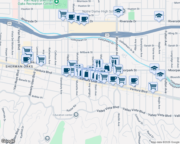 map of restaurants, bars, coffee shops, grocery stores, and more near 13920 Moorpark Street in Los Angeles