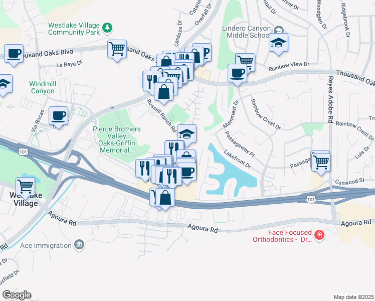 map of restaurants, bars, coffee shops, grocery stores, and more near 30700 Russell Ranch Road in Westlake Village