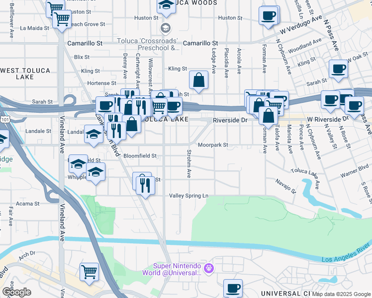 map of restaurants, bars, coffee shops, grocery stores, and more near 10500 Moorpark Street in Los Angeles