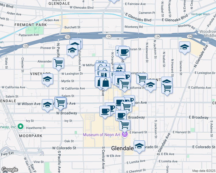 map of restaurants, bars, coffee shops, grocery stores, and more near 217 West California Avenue in Glendale