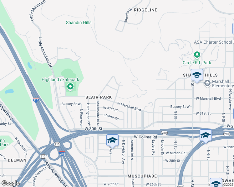 map of restaurants, bars, coffee shops, grocery stores, and more near Grande Vista Avenue in San Bernardino