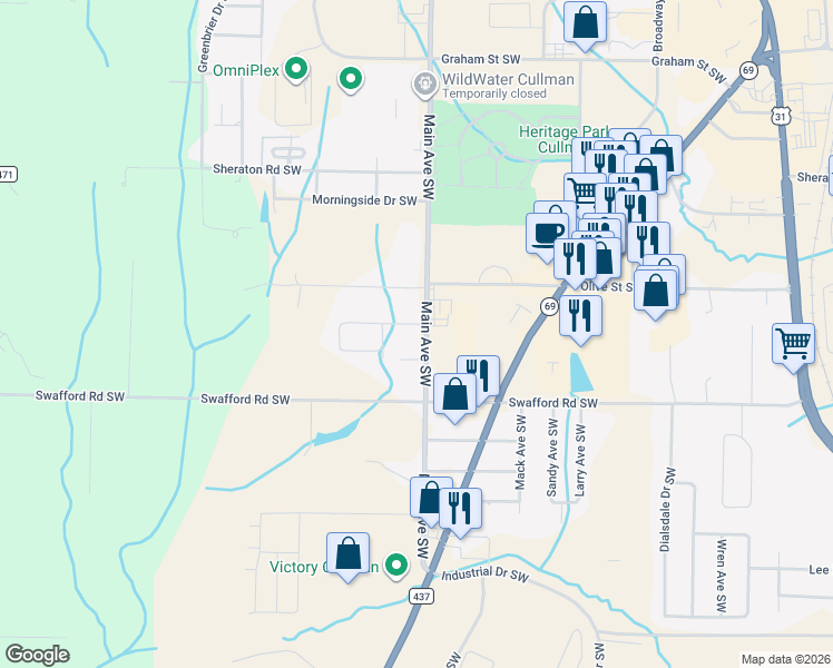 map of restaurants, bars, coffee shops, grocery stores, and more near 1010 Miller Street Southwest in Cullman