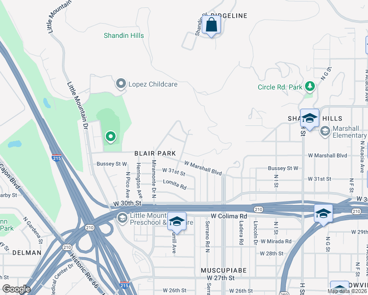 map of restaurants, bars, coffee shops, grocery stores, and more near Grande Vista Avenue in San Bernardino