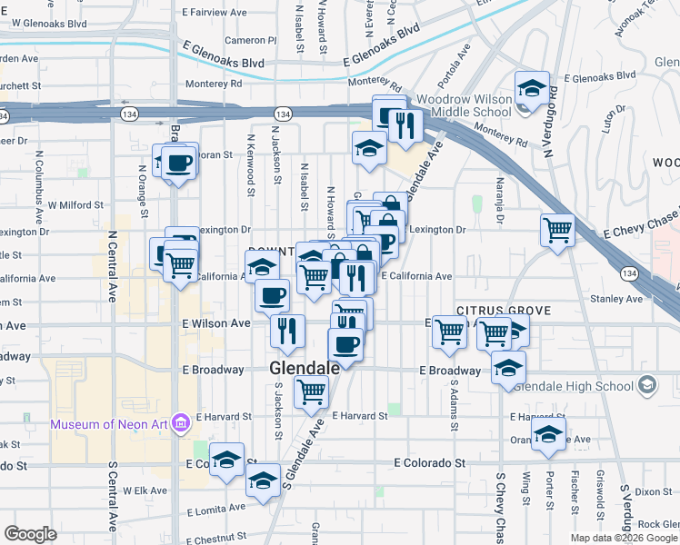 map of restaurants, bars, coffee shops, grocery stores, and more near 705 East California Avenue in Glendale