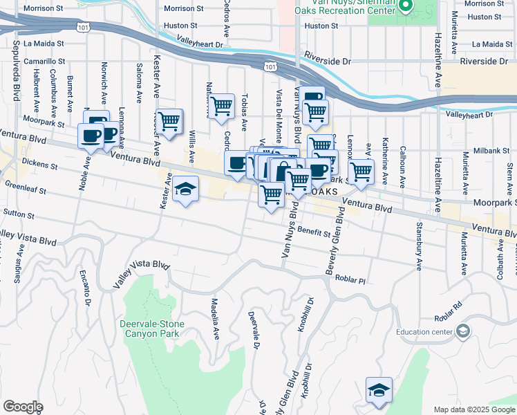 map of restaurants, bars, coffee shops, grocery stores, and more near 14541 Dickens Street in Los Angeles