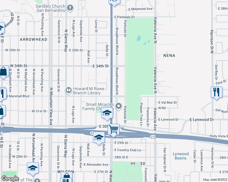 map of restaurants, bars, coffee shops, grocery stores, and more near 3257 Belle Street in San Bernardino