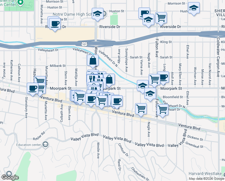 map of restaurants, bars, coffee shops, grocery stores, and more near 13577 Moorpark Street in Los Angeles