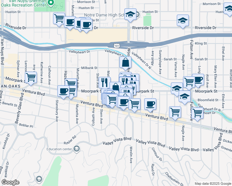 map of restaurants, bars, coffee shops, grocery stores, and more near 4365 Mammoth Avenue in Sherman Oaks
