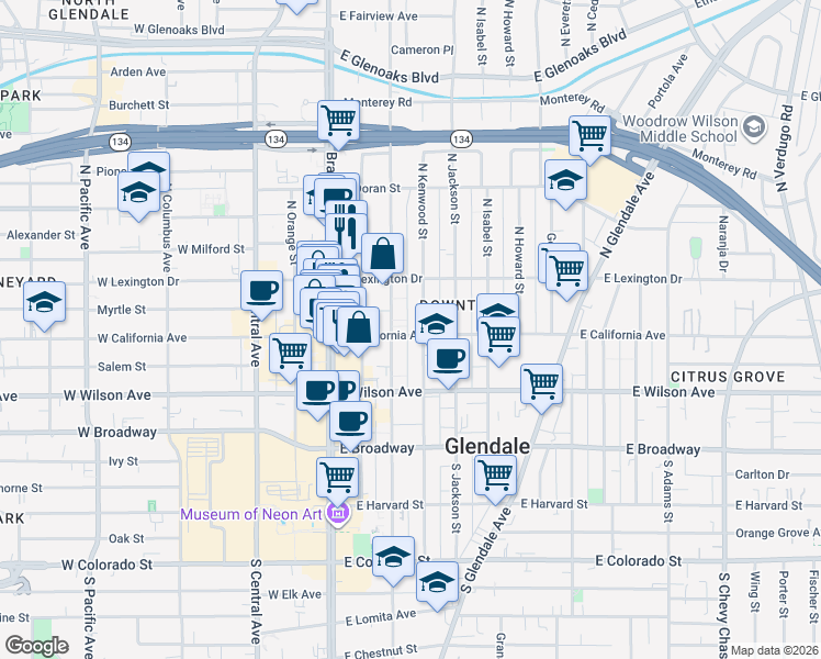 map of restaurants, bars, coffee shops, grocery stores, and more near 315 East California Avenue in Glendale