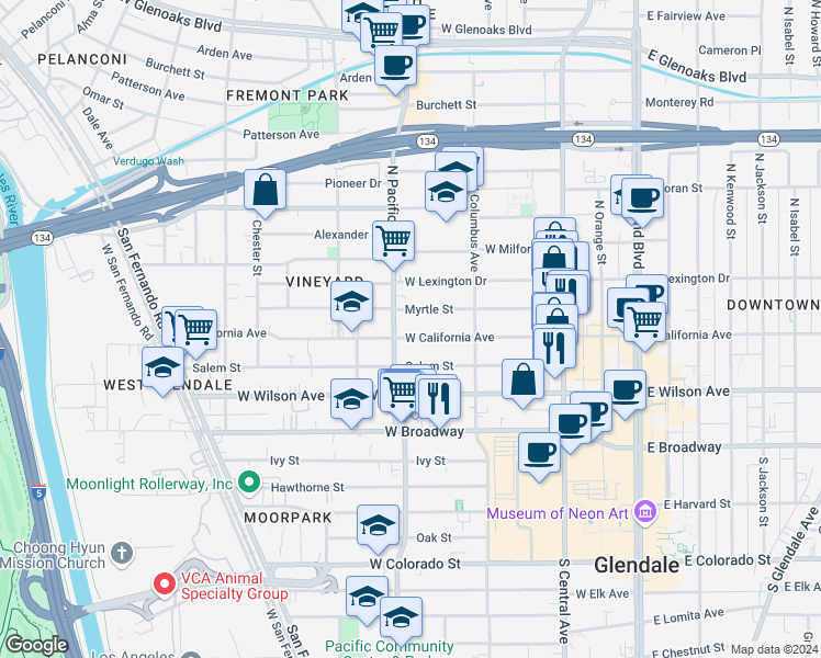 map of restaurants, bars, coffee shops, grocery stores, and more near 405 West California Avenue in Glendale