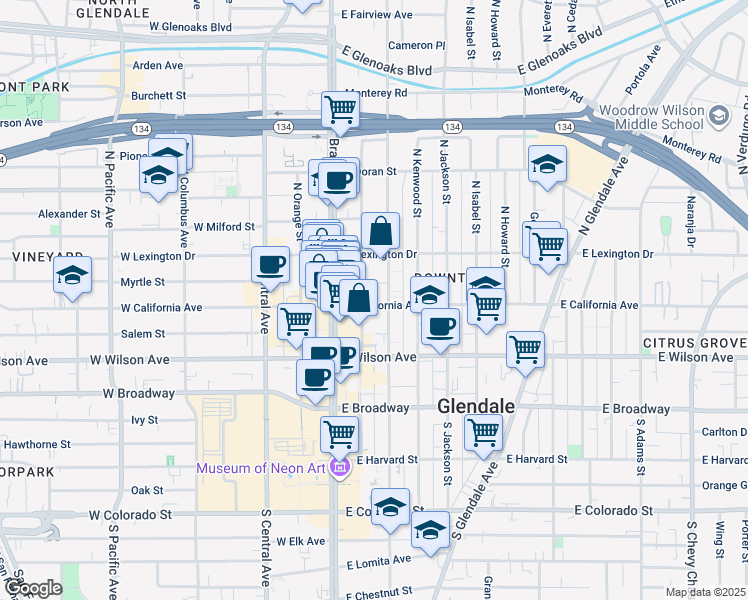 map of restaurants, bars, coffee shops, grocery stores, and more near 211 East California Avenue in Glendale