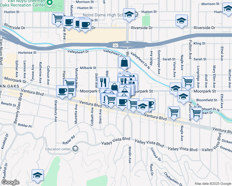 map of restaurants, bars, coffee shops, grocery stores, and more near 4365 Mammoth Avenue in Los Angeles