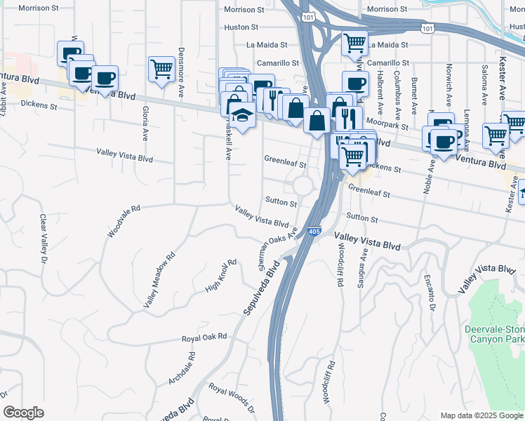 map of restaurants, bars, coffee shops, grocery stores, and more near 4362 Firmament Avenue in Los Angeles