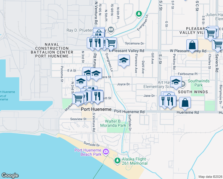 map of restaurants, bars, coffee shops, grocery stores, and more near 314 Willowbrook Drive in Port Hueneme