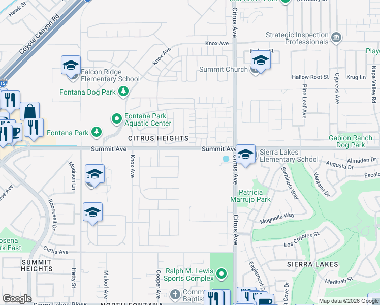 map of restaurants, bars, coffee shops, grocery stores, and more near 5714 Edward Avenue in Fontana