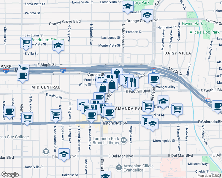 map of restaurants, bars, coffee shops, grocery stores, and more near 245 North Carmelo Avenue in Pasadena