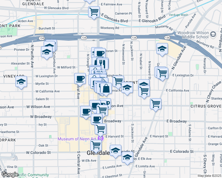 map of restaurants, bars, coffee shops, grocery stores, and more near 211 East California Avenue in Glendale