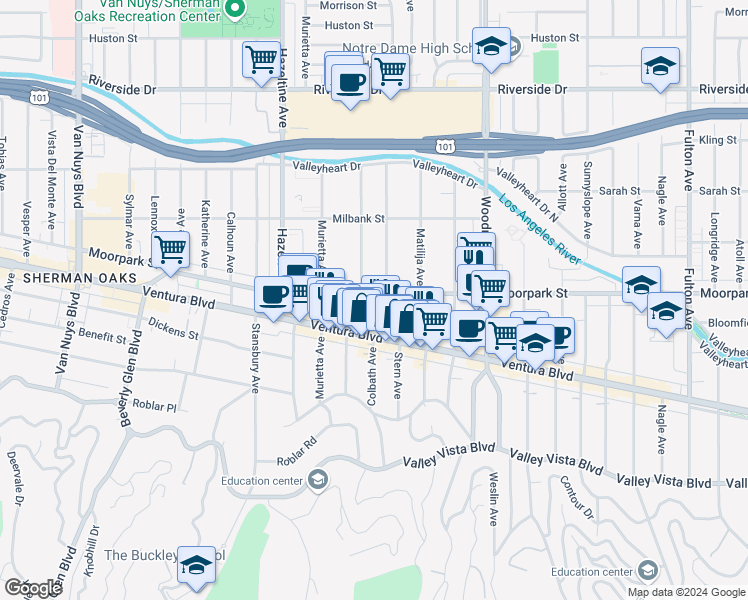 map of restaurants, bars, coffee shops, grocery stores, and more near 13920 Moorpark Street in Los Angeles