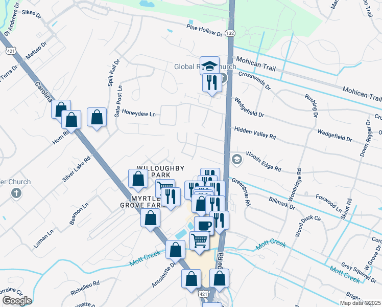 map of restaurants, bars, coffee shops, grocery stores, and more near 4934 Pleasant Grove Drive in Wilmington