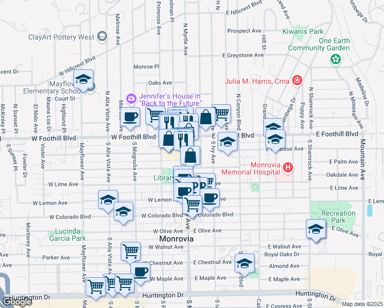 map of restaurants, bars, coffee shops, grocery stores, and more near in Monrovia