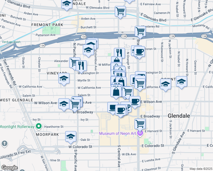map of restaurants, bars, coffee shops, grocery stores, and more near 341 West California Avenue in Glendale