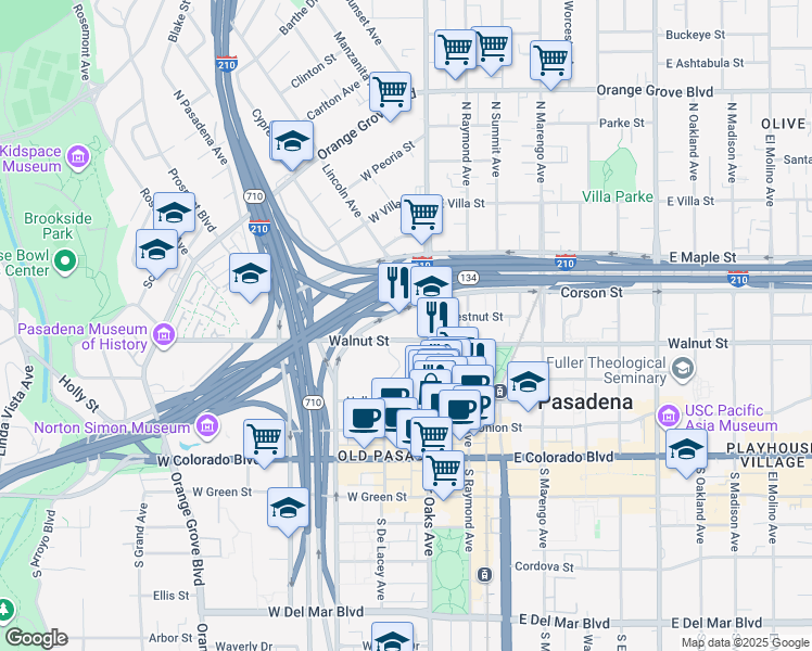 map of restaurants, bars, coffee shops, grocery stores, and more near 75 West Walnut Street in Pasadena