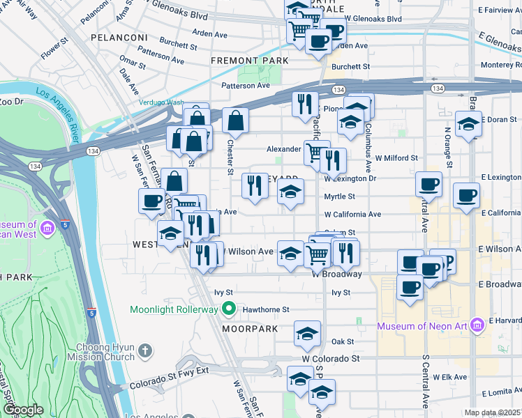 map of restaurants, bars, coffee shops, grocery stores, and more near 629 West California Avenue in Glendale