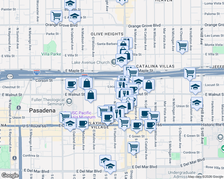 map of restaurants, bars, coffee shops, grocery stores, and more near 210 North Hudson Avenue in Pasadena