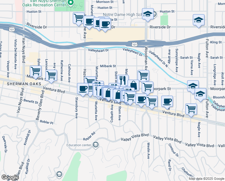 map of restaurants, bars, coffee shops, grocery stores, and more near 13920 Moorpark Street in Los Angeles