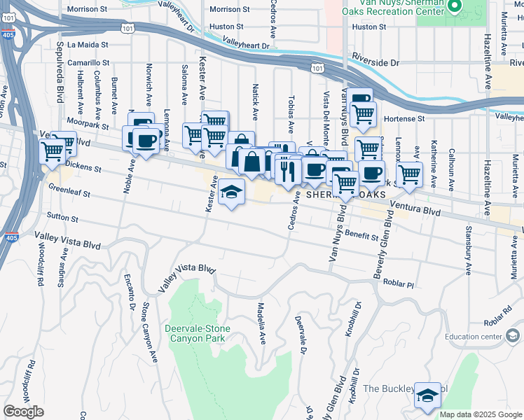 map of restaurants, bars, coffee shops, grocery stores, and more near 14706 Dickens Street in Los Angeles