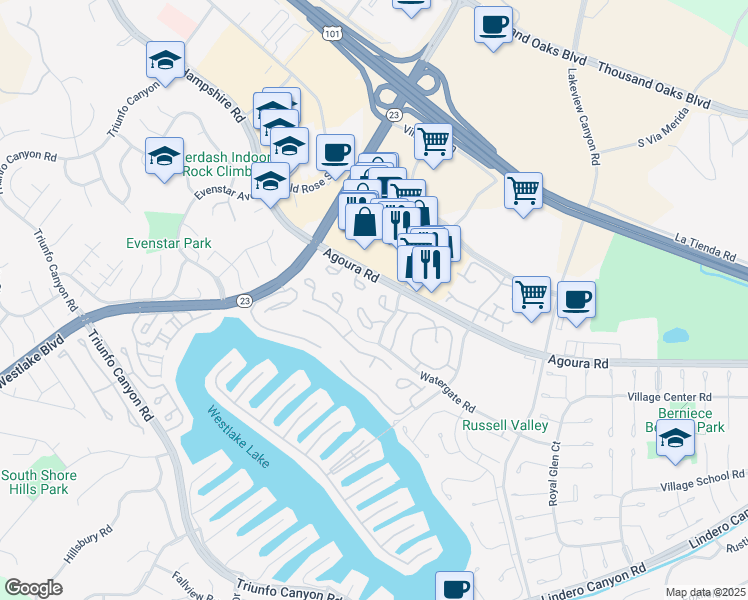 map of restaurants, bars, coffee shops, grocery stores, and more near 1143 Bright Glen Circle in Westlake Village