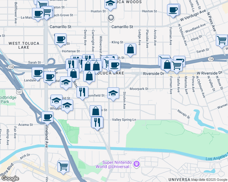 map of restaurants, bars, coffee shops, grocery stores, and more near 10542 Moorpark Street in Los Angeles