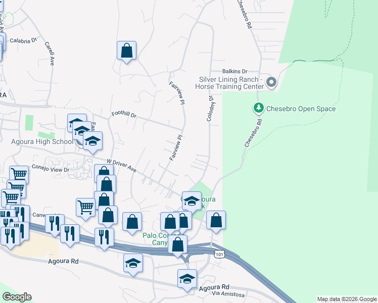 map of restaurants, bars, coffee shops, grocery stores, and more near 5524 Fairview Place in Agoura Hills