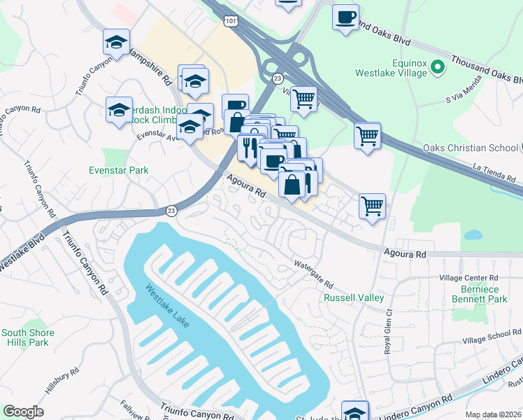 map of restaurants, bars, coffee shops, grocery stores, and more near 1143 Bright Glen Circle in Westlake Village