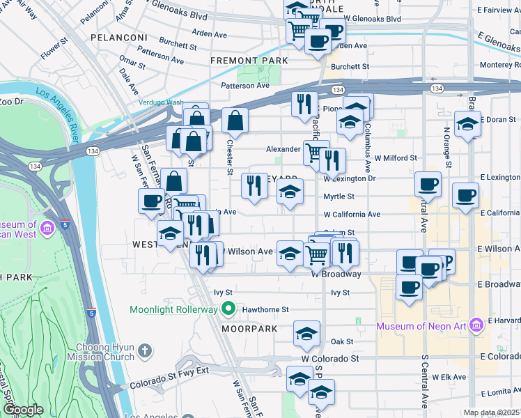 map of restaurants, bars, coffee shops, grocery stores, and more near 629 West California Avenue in Glendale