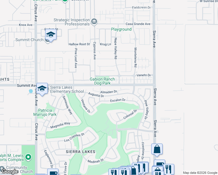map of restaurants, bars, coffee shops, grocery stores, and more near 5724 Contenta Court in Fontana