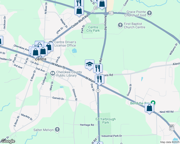 map of restaurants, bars, coffee shops, grocery stores, and more near 725 East Main Street in Centre