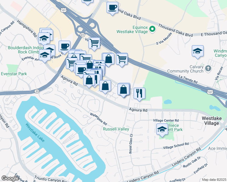 map of restaurants, bars, coffee shops, grocery stores, and more near 1130 Stoneybrook Lane in Westlake Village