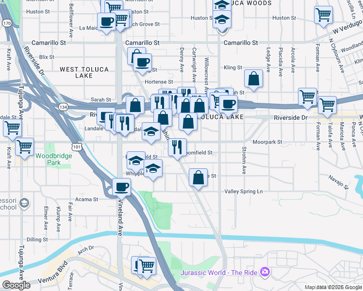 map of restaurants, bars, coffee shops, grocery stores, and more near 10740 Moorpark Street in Los Angeles