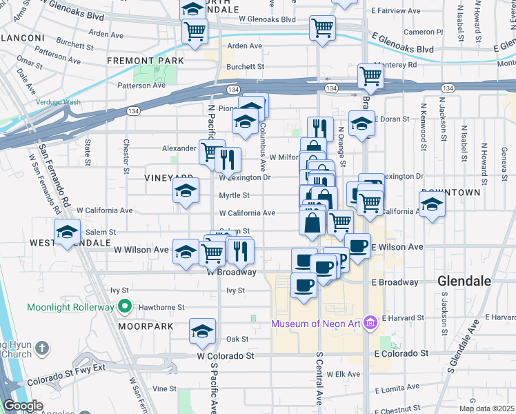 map of restaurants, bars, coffee shops, grocery stores, and more near 405 West California Avenue in Glendale