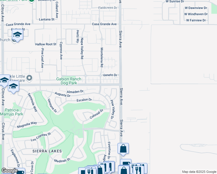 map of restaurants, bars, coffee shops, grocery stores, and more near 16816 Baltusrol Court in Fontana