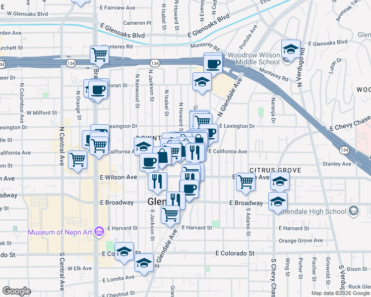 map of restaurants, bars, coffee shops, grocery stores, and more near 705 East California Avenue in Glendale