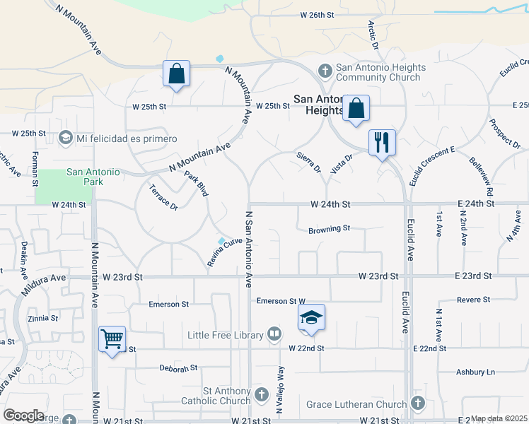 map of restaurants, bars, coffee shops, grocery stores, and more near 730 West 24th Street in Upland