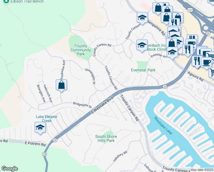 map of restaurants, bars, coffee shops, grocery stores, and more near 2073 Stonesgate Street in Westlake Village