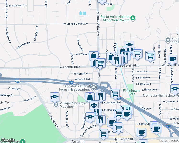 map of restaurants, bars, coffee shops, grocery stores, and more near 2 West Floral Avenue in Arcadia