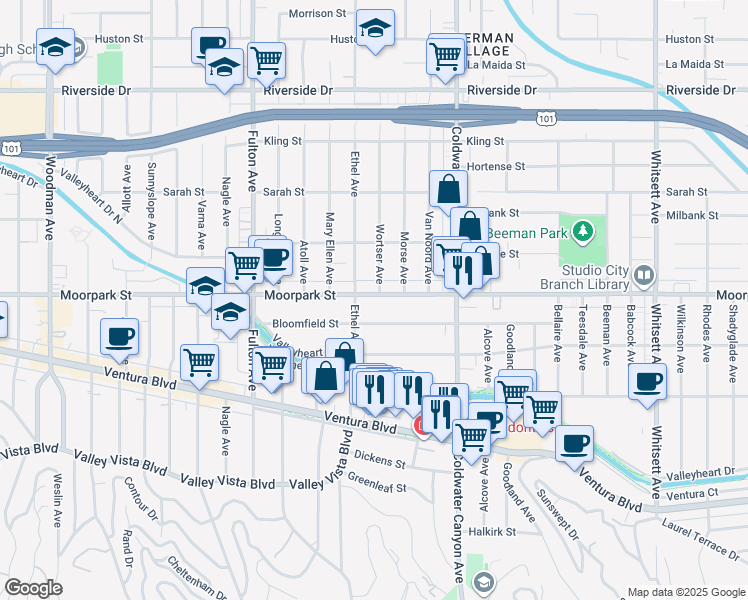 map of restaurants, bars, coffee shops, grocery stores, and more near 13041 Moorpark Street in Los Angeles
